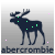 A dark blue moose silhouette with green dots stands against a gray gradient background, surrounded by scattered pink pixels and the text 'abercrombie' at the bottom.