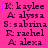 Static image with bright pink background displaying repeated text entries in dark purple font, each entry containing four lines of names.