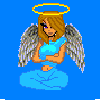 Pixelated angel icon with golden halo, brown hair, blue dress, and white wings against solid blue background; text 'I'm An Angel' appears below the figure.