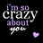 Pixelated text reads 'i'm so crazy about you' in purple and white with a small heart, all on black background.