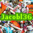 Pixelated collage of colorful anime-style characters with overlaid text reading 'Jacobl36 loves food' in green, purple, and red.