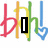 Colorful stylized letters 'b', 'h', 'l' with a black rectangle and blue heart symbol on white background.