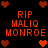 Pixelated red text and hearts on black background, repeating 'RIP MALIQ MONROE' with heart symbols at corners and center.