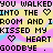 A 48x48 pixel animated contact sheet showing five sequential frames of a text-based buddy icon with repeating phrases and heart symbols on a pastel background.
