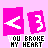 <3 icon with "YOU BROKE MY HEART" text on pink background; animation cycles through color variations of the phrase.