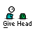 Animated pixel art of two figures with a floating head icon above them, text 'Give Head' below; the top figure's blue and green shapes shift positions across frames.