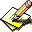 Pixelated yellow notepad with black lines and orange pencil, showing sequential writing animation