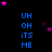 Blue text blocks reading UH OH ITS ME arranged in a on black background with scattered pink and purple stars, some stars animate as pink and purple