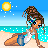 Pixel art contact sheet showing a beach scene with a woman in swimsuit and text panels on blue backgrounds.