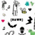 Pixelated static image of multiple distinct small icons including a gray curved shape, black crescent, red heart, and green-and-cyan shapes on white background.