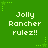 Green background with repeated pixelated text 'Jolly Rancher rulez!!' in white, surrounded by small green star shapes with dotted lines.