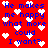 Red background with blue text reading "He makes me happy what more could I want?" and scattered white pixelated hearts.