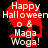 Pixelated red skull with white text 'Happy Halloween o & Maga Woga!' on black background, two variations with different red shades and one gray