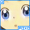 Anime-style face with large blue eyes, light skin tone, and small brown nose; text "AIKO" in blue block letters at bottom right.
