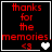Red pixelated text reads 'thanks for the memories.' with '<3' and a heart symbol on black background, showing animation changes in heart symbols.