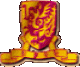 Five identical shield-shaped icons with yellow and magenta dragon-like patterns on a gray background, arranged in two