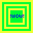 Four green and yellow square frames with blue '!wow!' text, each frame showing a different arrangement of nested squares and text placement.