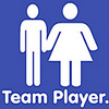 Blue background with white stick figures of a man and woman holding hands, below which is white text reading 'Team Player.'