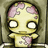 Pixelated character with pink brain-like patterns on head and chest, large white eyes, static pose against dark background.