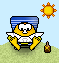Pixelated character with yellow body and white wings sits in blue chair on green grass under orange sun, holding brown object.