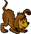 Brown cartoon dog in crouched pose with tail up, transitioning through multiple facial expressions