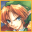 Pixelated close-up of a character with red hair and blue eyes against green foliage background, framed by yellow border.