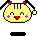 Two side-by-side pixel art frames of a yellow cartoon character with black pigtails, red hair ties, and pink blush marks on its cheeks against a gray background.