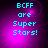 Pixelated cyan text reads 'BCFF are Super Stars!' on a purple gradient background with subtle light effects.