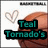 Pixelated icon with teal text 'Teal Tornado's' over a brown textured background and faint heart outline.