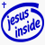 Two side-by-side animated frames of a pixelated 'Jesus inside' icon with blue and cyan color variations, each featuring a circular arrow and cross symbol.