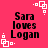 A static image with a bright pink background displays four identical text blocks reading "Sara loves Logan" in bold black pixelated font, each surrounded by white square and dot corner decorations.