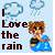 Pixelated icon with text 'Love the rain' and a cartoon character holding an umbrella under two cloud shapes.