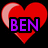 A pixelated red heart with a pink gradient on the left side contains purple text reading "BEN" over a black background.