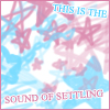 A static icon with pink and blue star shapes on a white background, featuring text reading "THIS IS THE" at the top and "SOUND OF SETTLING" at the bottom.