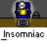 Pixel art animation of a white stick figure in blue overalls holding a yellow object, displayed across four frames with text "Insomniac" below each frame.