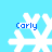 Four white snowflake icons on a light blue background, each with the text 'Carly' in blue pixelated font positioned above or to the left of the snowflake.