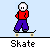 Pixelated character in red shirt and purple pants performing skateboarding actions on light blue background with gray platforms.