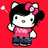 Pixelated character with black hair, pink bow, white face, yellow nose, pink top, dark pants, and raised hand against red background.