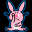 Pixelated pink bunny mascot with blue outline, black facial features, and visible dithering on a transparent background.