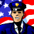 Pixelated icon of a person in police uniform against American flag background with visible dithering and blocky rendering.