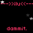 Pixelated animation with red text 'dammit.' repeated across black background, white and gray stars scattered throughout.