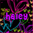 Pixelated text on a black background with neon-colored abstract patterns, displaying names and a phrase in distinct colors.