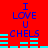 Red background with blue text "I LOVE U CHELS" and cyan horizontal bars; two identical static frames show the same layout.