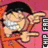 Pixelated cartoon character with black hair and orange shirt points left while smiling with visible teeth, next to text reading 'my shiny teeth and me x1' on a white background with colored squares.