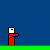 Pixelated red figures with white heads stand on green platforms against blue backgrounds, with text and a sad face in the bottom-left corner.