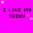 Bright pink background with repeated black text "I LOVE MY TWINY" and scattered white/pink stars, partially cropped on the right.