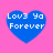 Four blue heart-shaped icons with white text "Lov3 Ya Forever" on a pink background, arranged in a