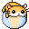 Pixelated hamster character with orange fur, pink ears, and black eyes appears in four variations within a light blue circular frame against gray background.