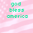 Pixelated green text 'god bless america' on a pink and white striped background with scattered white dots.