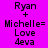 Pixelated text on a purple background reads 'Ryan + Michelle= Love 4eva' in four quadrants with varying background shades.